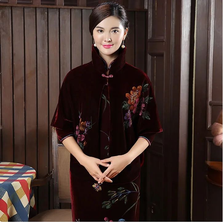 

2016 Luxury Hand-painted Flowers Velvet Shawls Women Echarpe Mother Cheongsam Cape Scarf Female Ponchos And Capes QP603