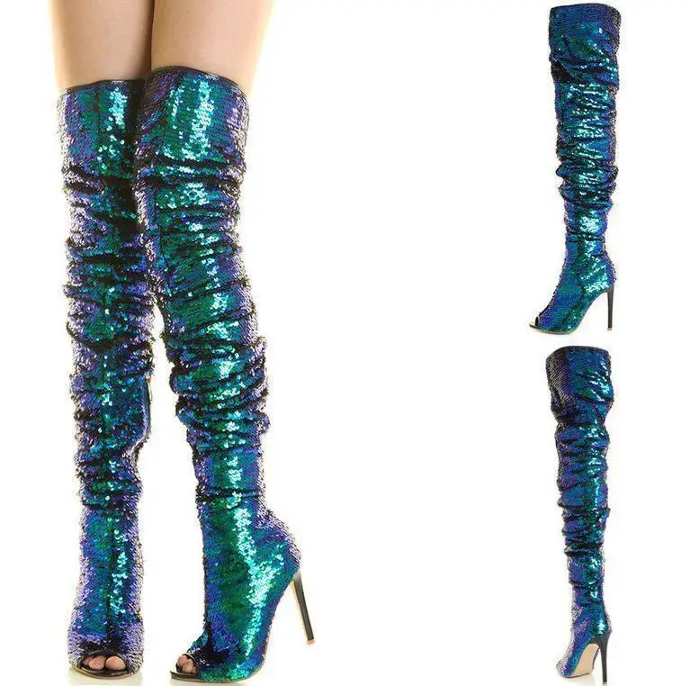 

US4-11 Women's Peacock Sequin Bling Open Toe High Heel Stilettos Over Knee Thigh Boots Party Shoes Gold Green Black Sliver Plus