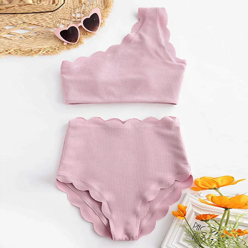 

Women's Swimsuits Lady Vintage High Waisted Swimsuit Two Pieces Scalloped Trim One Shoulder Bikini Swimwear Biquinis c611