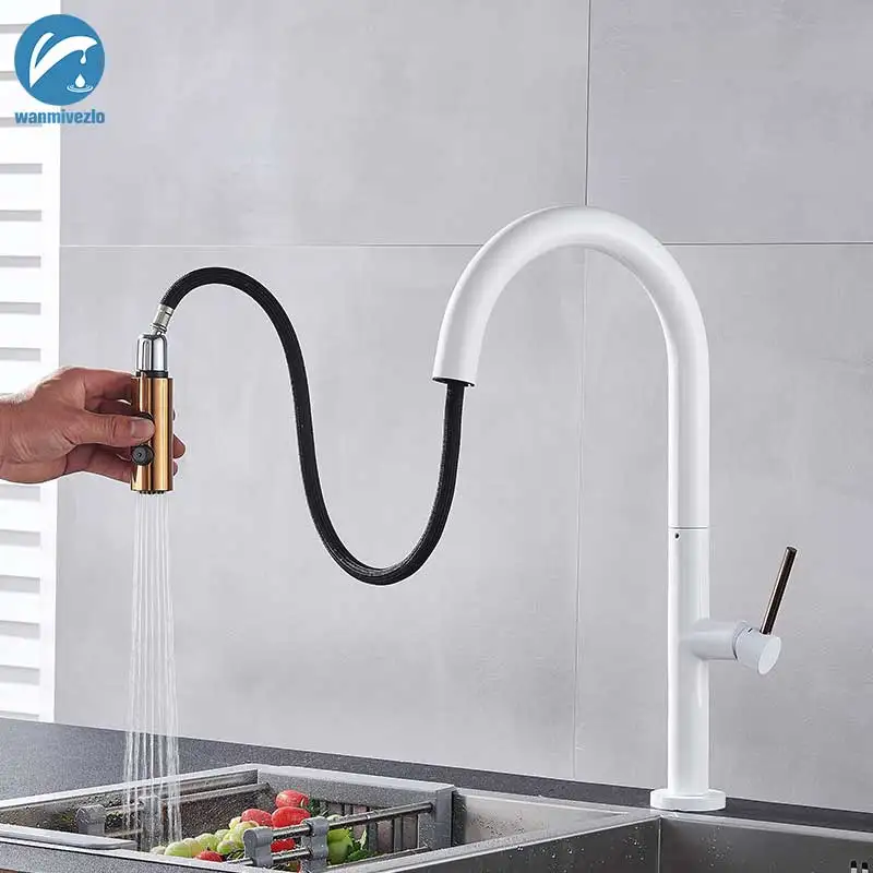 

White Gold Pull Out Kitchen Faucet Brass Swivel Spray head Single Handle Kitchen Tap C/H Water Tap Deck Mount Bathroom Mixer Tap