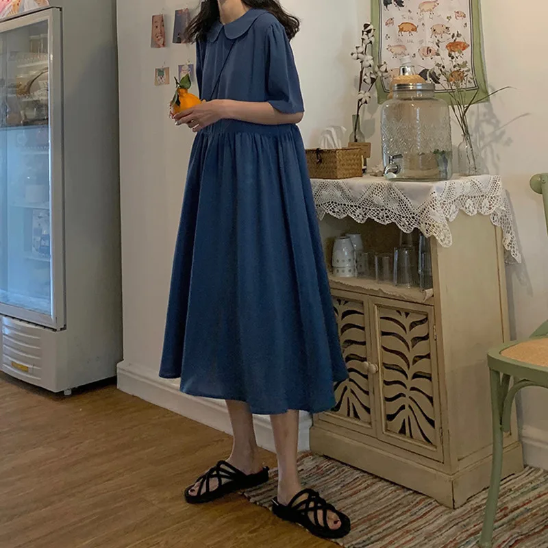 

2 colors 2019 Fashion preppy style Women solid color Short Sleeve Casual Loose Vestidos long dress womens (F3702)