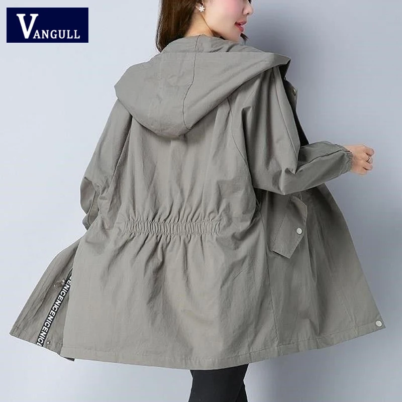 Vangull Women Trench Coat Female Long Sleeve Thin Hooded Wind Coat Autumn New Plus Size Loose Zipper Adjust Waist Outerwear