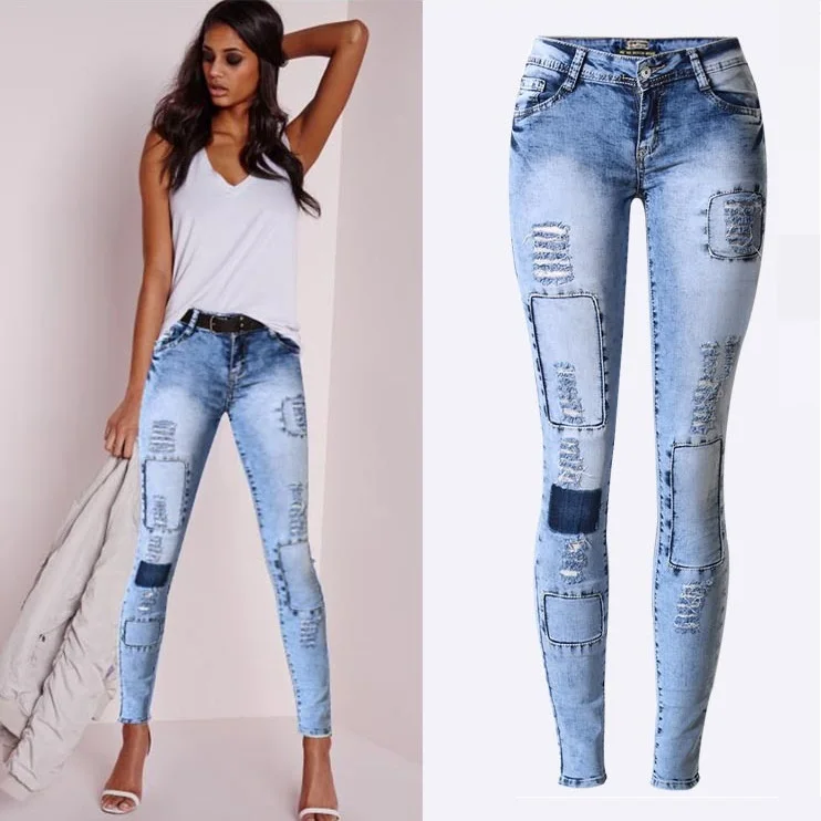 Новые модные женские синий Рваные джинсы женщина малоэтажных обтягивающие джинсы Femme стрейч джинсовые штаны Mujer