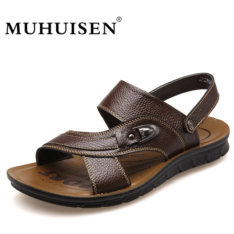 

MUHUISEN Luxury Summer Beach Shoes Men Sandals Fashion Genuine Leather Male Casual Slippers Zapatos Sandalias Hombre