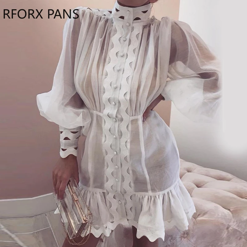 

Lantern Sleeve High Neck Cutout Detail Dress