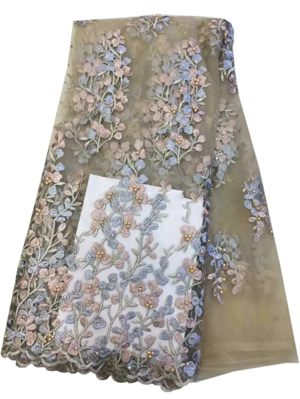

lace 2018 high quality African lace fabric beads fabric beige color French tulle lace for dress cloth 5 yard/lot shipping by DHL