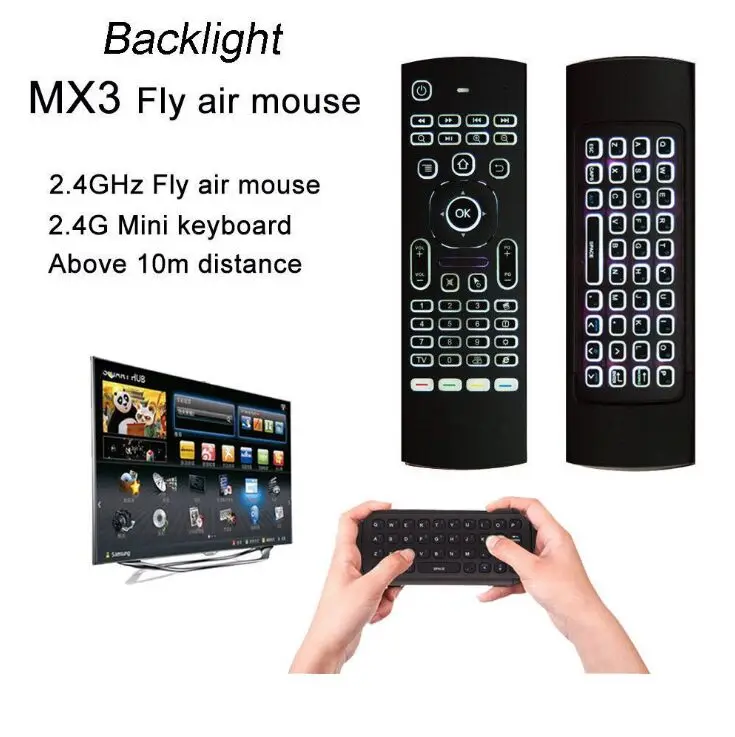 

2.4G Backlight Gyroscope Fly Air Mouse Wireless Keyboard Remote Control Motion Sensor Game IR Learning Button for PC TV Box MX3B