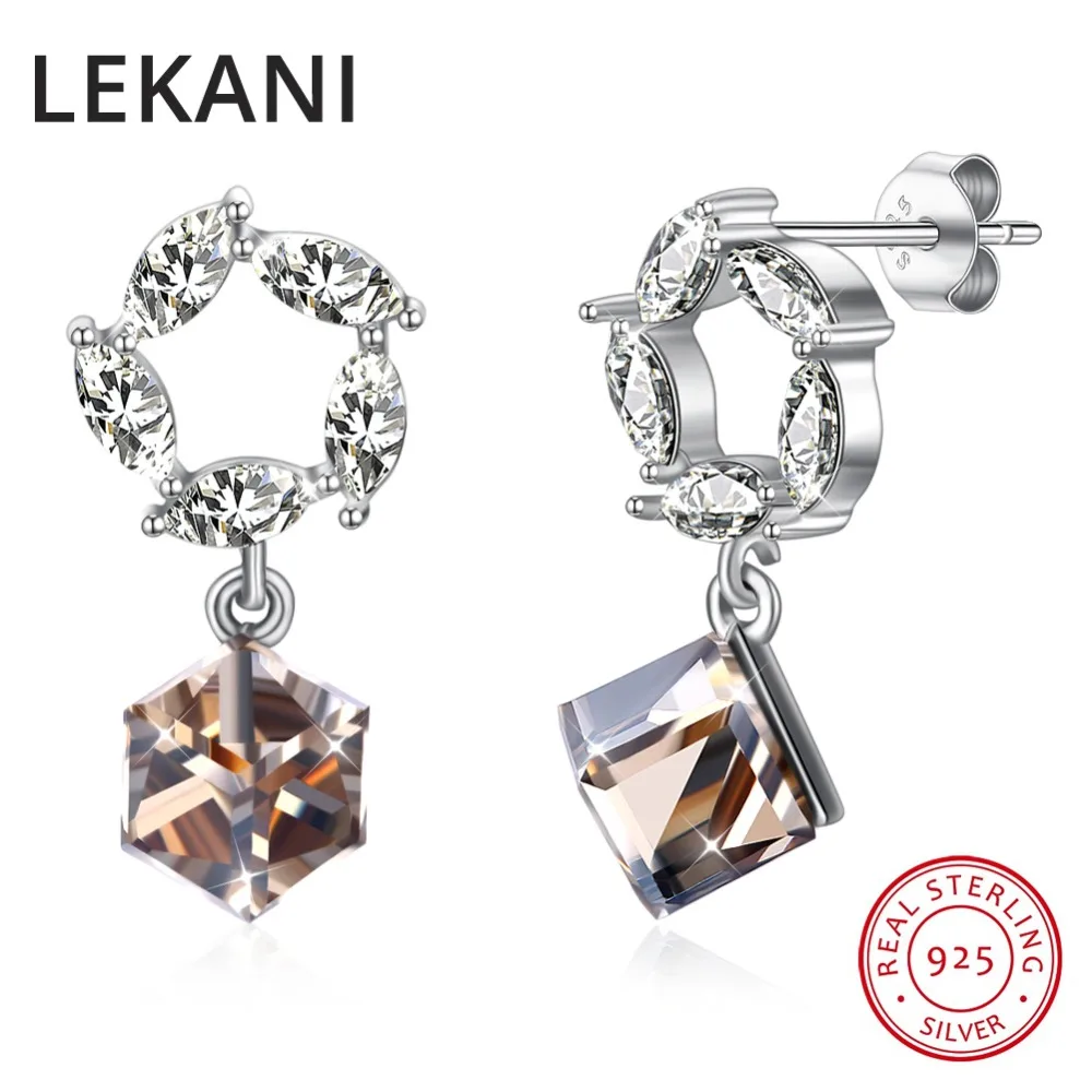 

LEKANI Crystals From Austria Square Drop Earrings S925 Sterling Silver Zircon Piercing For Women Wedding Party Fine Jewelry