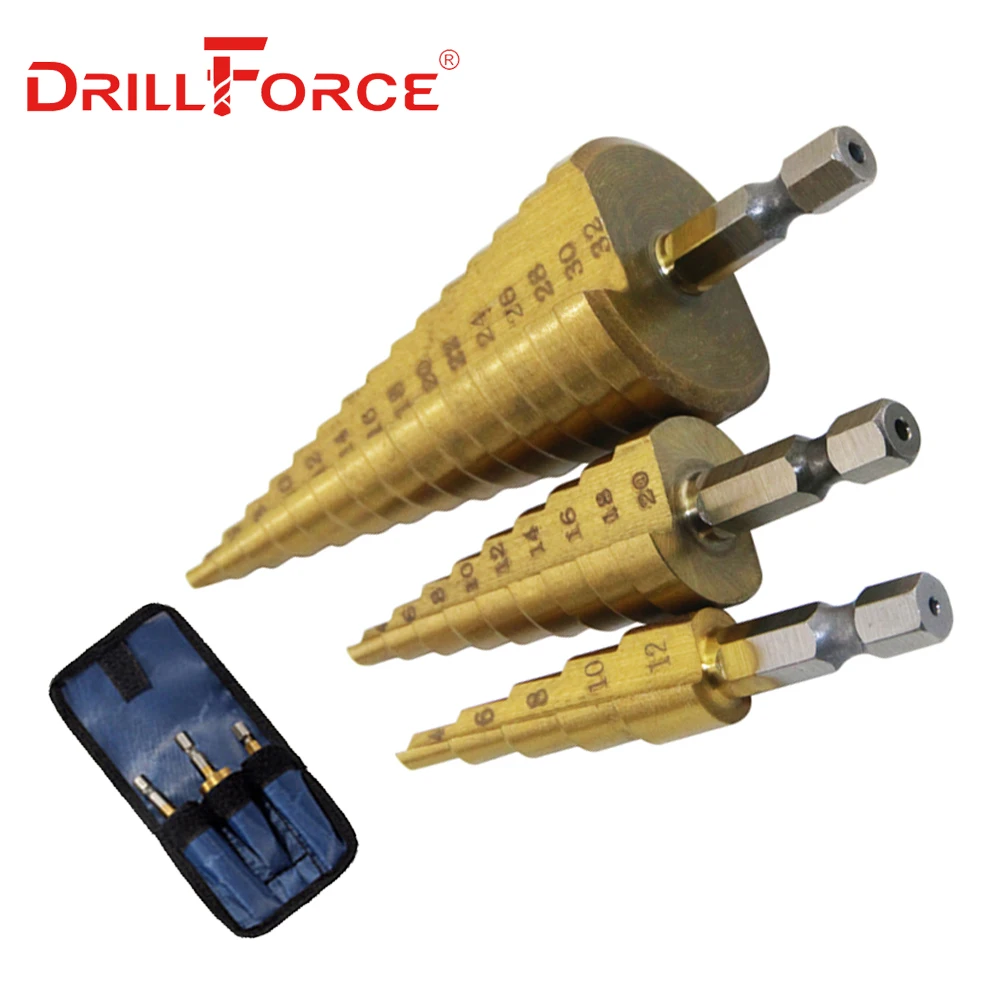 

Drillforce 3PC HSS Step Cone Taper Drill Bit Set Hole Cutter Metric 4-12/20/32mm 1/4" Hex Shank Titanium Metal Stepped Drill Bit