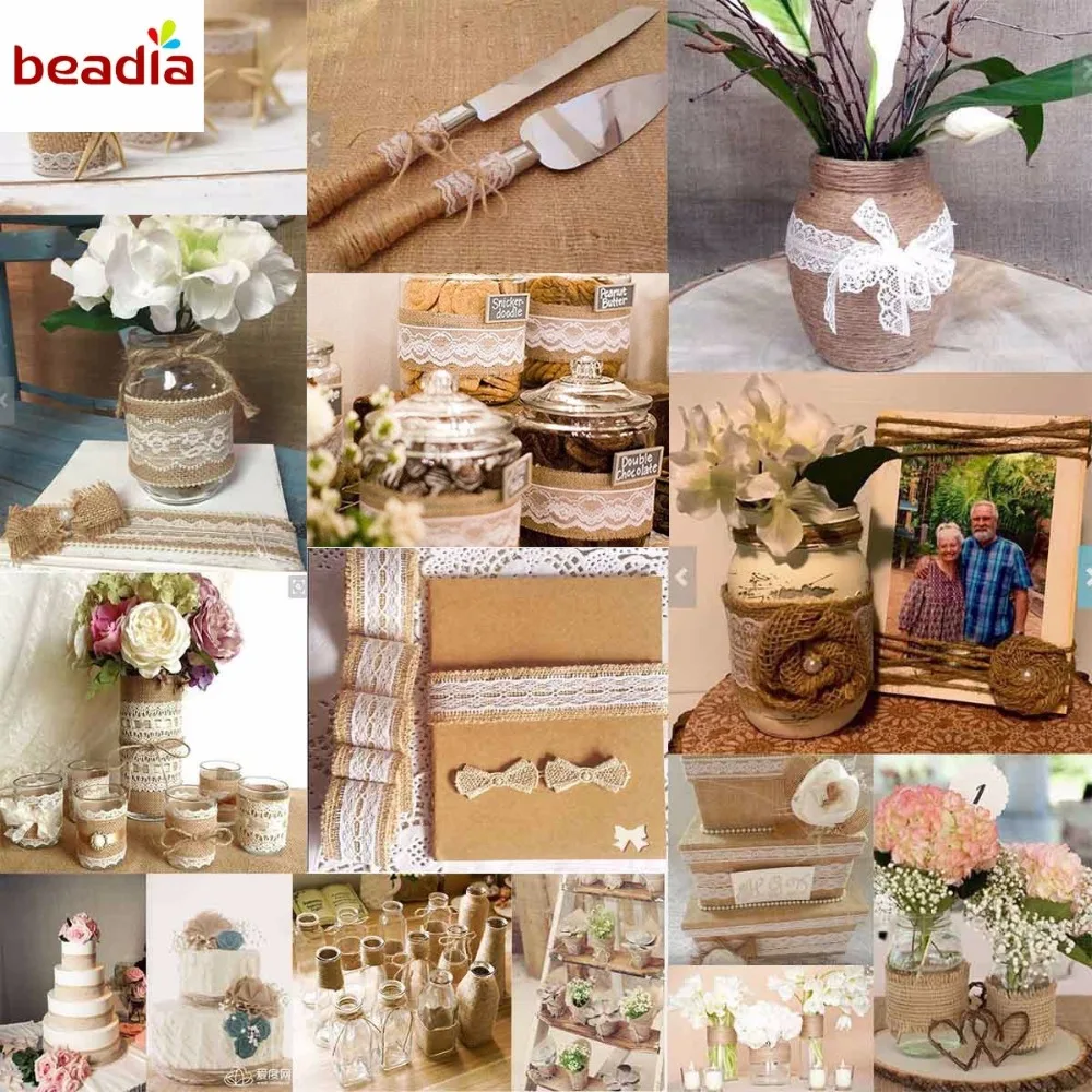 Width 5cm 2M/Roll Natural Jute Burlap Hessian Ribbon with Different White Lace For Rustic Wrap Gift Packing Wedding Decoration