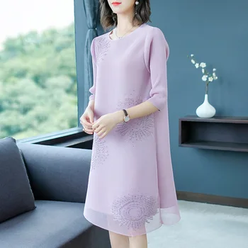 

Plus Size Dress Women Spring New High-end Embroidery Beading Round neck Three Quarter Sleeve Loose A Line Mesh Dress Female