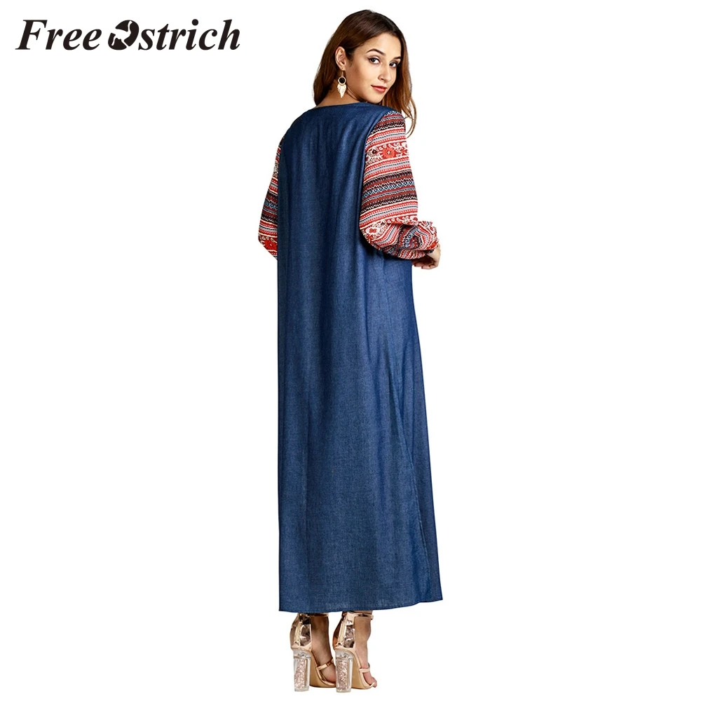 Free Ostrich 2019 мусульманская мода этнический стиль принт длинный рукав вечернее