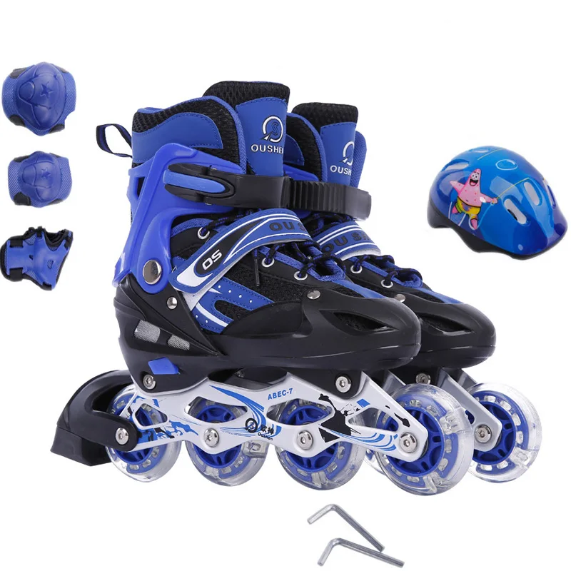 

9 In 1 Adult Children Inline Skate Roller Skating Shoes Helmet Knee Protector Gear Adjustable Washable PVC Hard Flashing Wheels