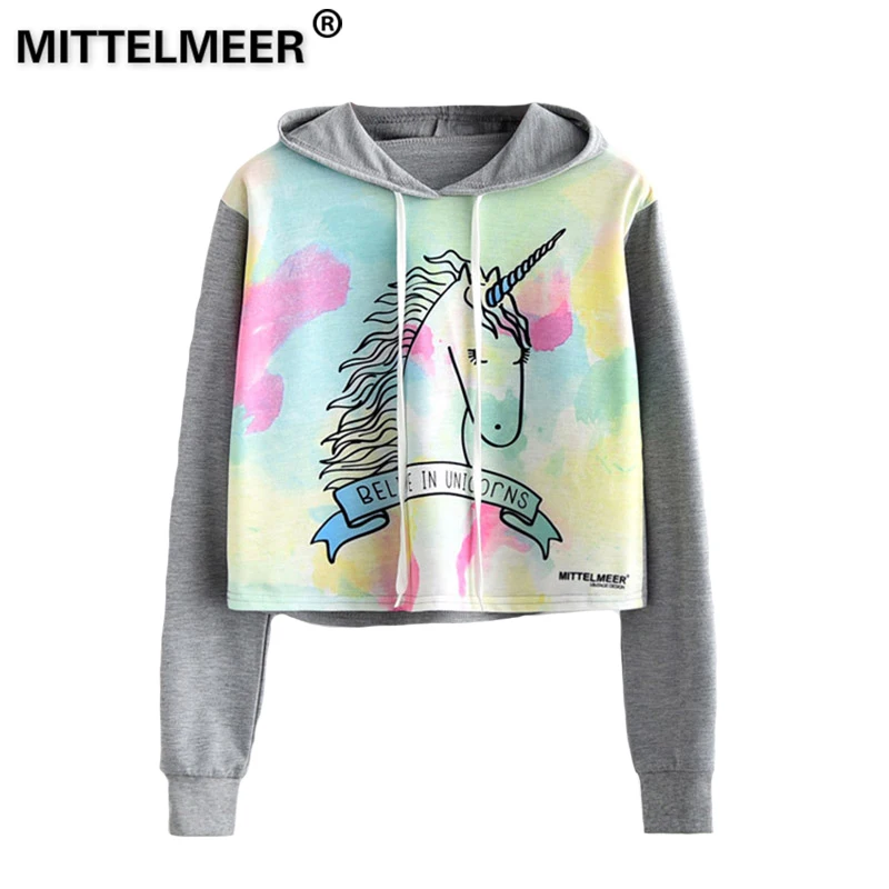 

MITTELMEER Harajuku Hooded Sweatshirt Woman girls student Cartoon unicorn cat Animal fruit printing Short Sweatshirt