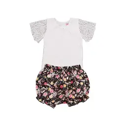 Лето 2017 г. комплект одежды для маленьких девочек Кружево футболка с короткими рукавами Топы Корректирующие + штаны с цветочным принтом