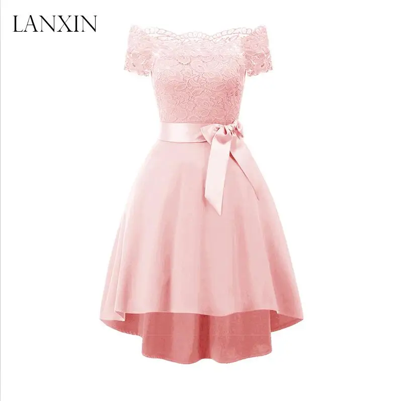 Бордовые короткие платья для выпускного вечера для детей, новинка, милое кружевное платье для выпускного вечера с открытыми плечами - Цвет: Pink