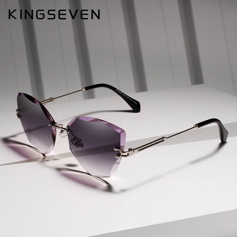 Billig KINGSEVEN DESIGN Mode Dame sonnenbrille 2019 Randlose Frauen Sonnenbrille Vintage Legierung Rahmen Klassische Marke Designer Shades Oculo