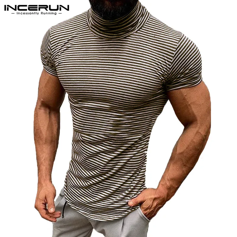 Gray T Shirt INCERUN мужская полосатая футболка, Приталенная футболка с высоким воротником и коротким рукавом, Camisetas, Уличная Повседневная футболка для мужчин, большие размеры, лето - Цвет: Gray T Shirt