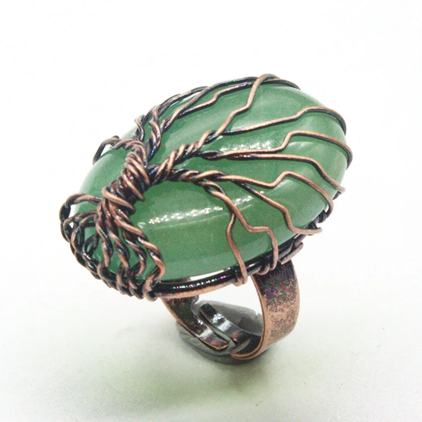 

Kraft-beads Copper Wire Wrap Oval Shape Resizable Natural Green Aventurine Rings Tree of Life Jewelry