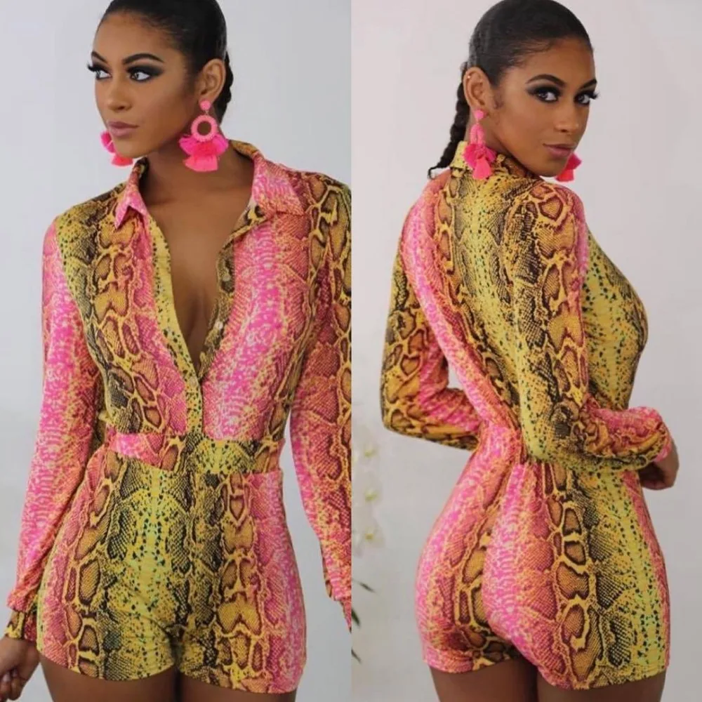 

Fashion Casual Streetwear Style Serpentine Full Sleeve Turn-Down Collar Slim Summer Women Jumpsuits Female Playsuits
