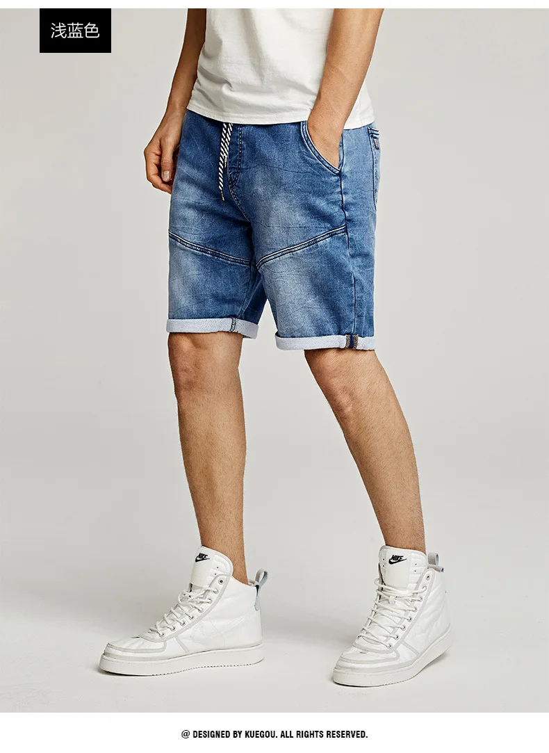 Summer Men Denim Shorts Cotton Elastic Waist Blue Color For Man Fashion Slim Fit Pocket Jeans Male Wear Short Trousers 2926