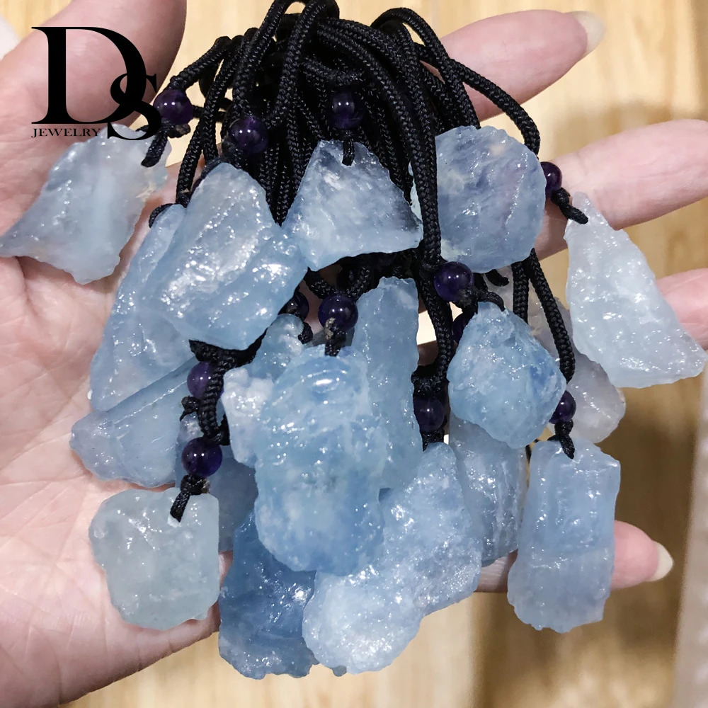 Natural Rough Aquamarine Pendant Gemstone Mineral Quartz Crystal Pendants Rough Gems DIY Jewelry Necklace Lovers Gift