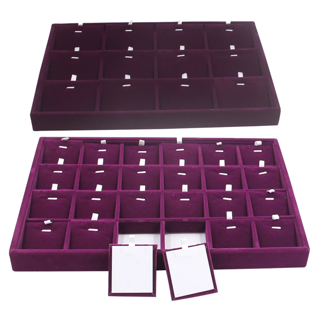 Multifunctional 12/24 Compartment Display Jewelry Showcase Tray Purple Velvet Removable Insert Pillow Card