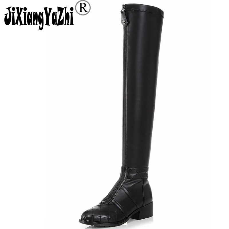 

JIXIANGYAZHI Brand 2018 Winter Fashion Genuine Leather Boots Black Med Round Toe Zip Buckleover-the-Knee Women's shoes # B-101