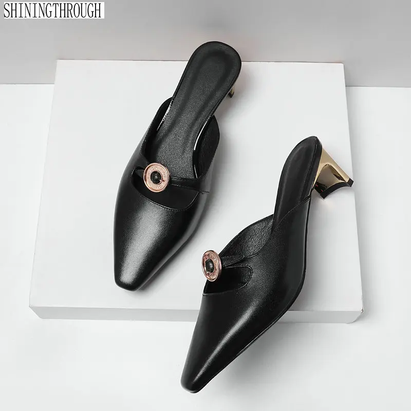 

Cow leather Mules Shoes Summer Women Slides High Heel Slippers Ladies Heel Slides Shoes Women White black Red Big Size 42 43