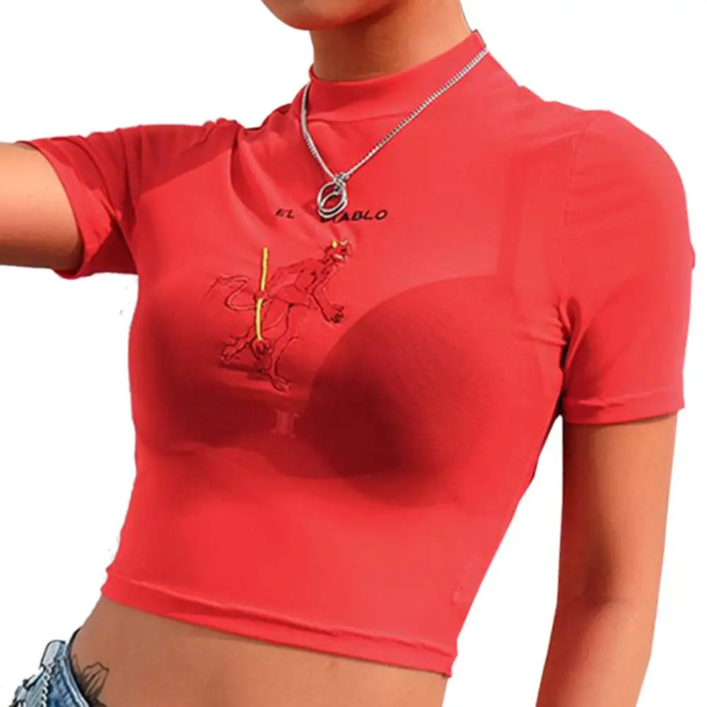 أزياء الصيف مثير شبكة شفافة T قميص 2019 حار النساء التطريز قصيرة الأكمام المحاصيل الأعلى تيز الأحمر Camiseta أزياء الصيف مثير شبكة شفافة T قميص 2019 حار النساء التطريز قصيرة الأكمام المحاصيل الأعلى تيز الأحمر Camiseta