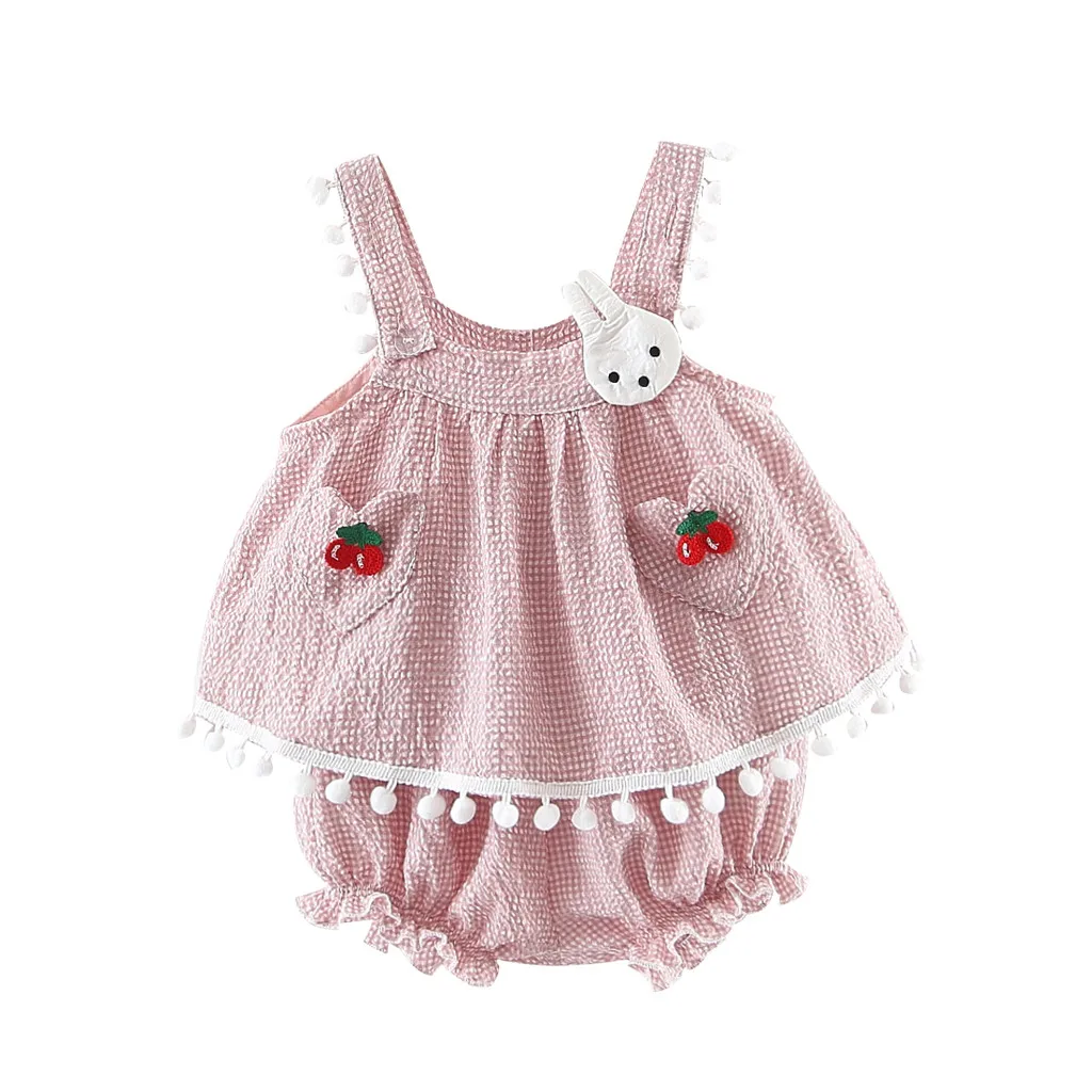 New Fashion Kids Clothing Toddler Baby Girl Clothes Summer Sling Cherry Bunny Rabbit Tops+Shorts Outfits 2pc Set