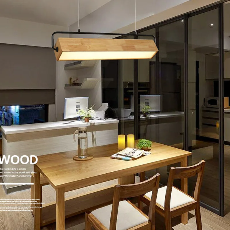 Modern Wood Pendant Light | Nordic Long Bar Suspended Wooden Lamp | Study, Restaurant, Dining Room, Office Droplight Lighting Fixture image 4