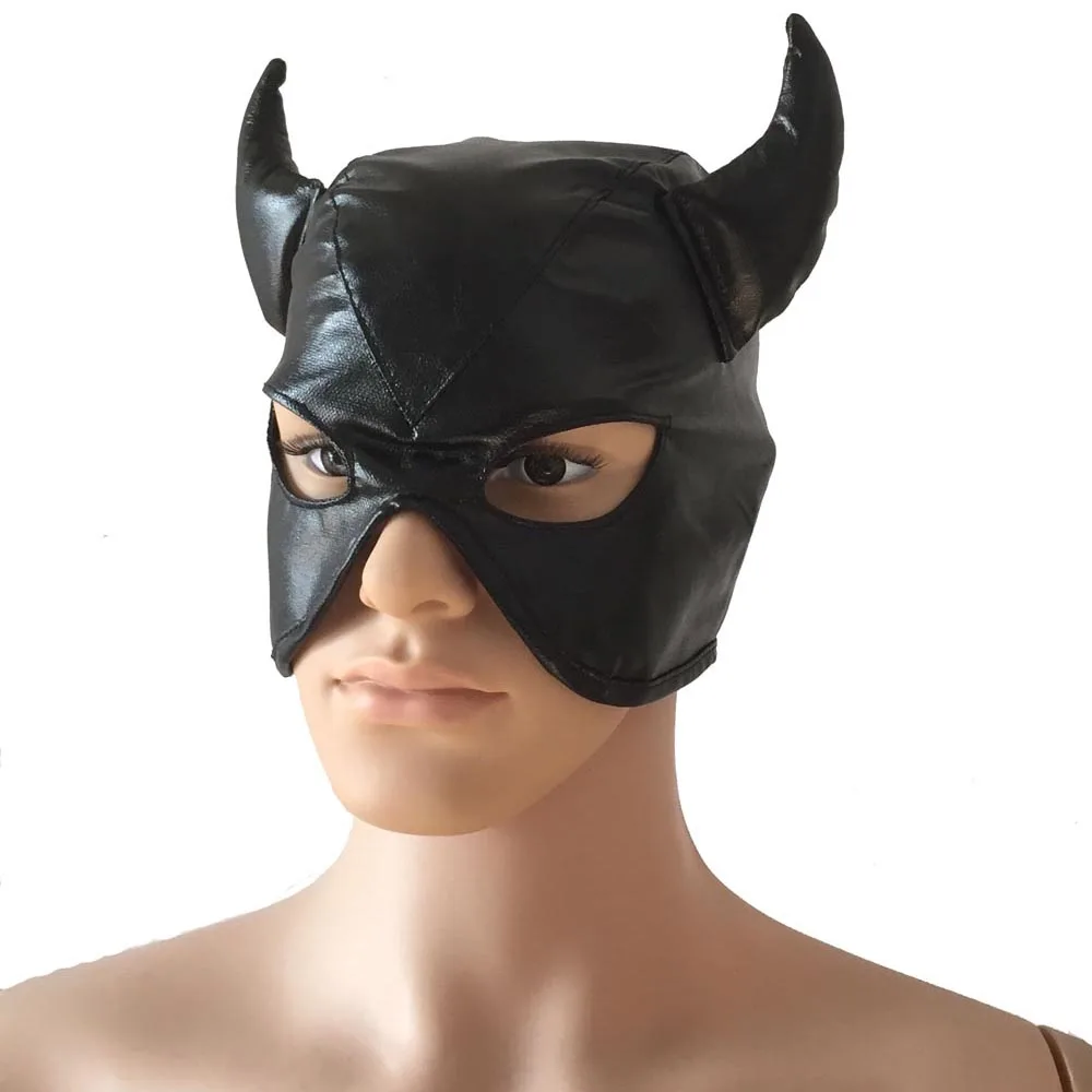 

Unisex Faux Leather Devil Role Play Hood Half Face Hat with Horn and Back Lace Up Fetish Gimp Masquerade Hen Party Sexy Costume