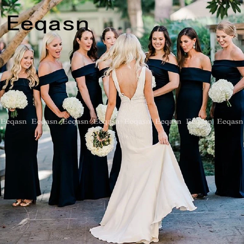 

2019 Strapless Satin Mermaid Long Bridesmaid Dresses Off Shoulder Wedding Bridal Guest Dress Party Maid Of Honor Gown