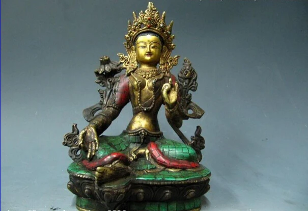 

S0884 9 Tibet Bronze Gild Handwork inlay turquoise Red coral Green TaRa Buddha Statue D0318