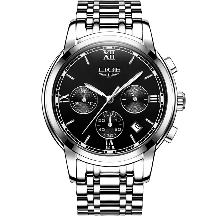 LIGE часы мужские роскошные брендовые модные деловые кварцевые мужские часы с шестью контактами спортивные водонепроницаемые часы мужские полностью Стальные наручные часы - Цвет: steel silver black