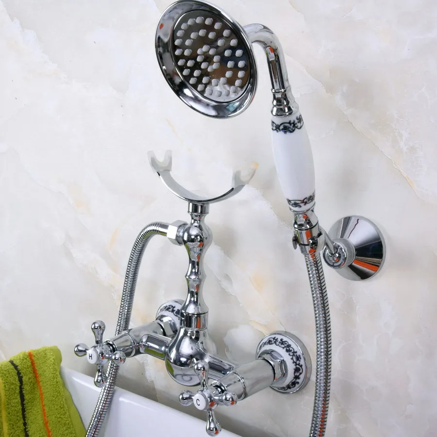 

Modern Wall Mount Polished Chrome Brass Bathroom Clawfoot Hand Shower Faucet Mixer Tap Set Telephone Shape Hand Spray ana254