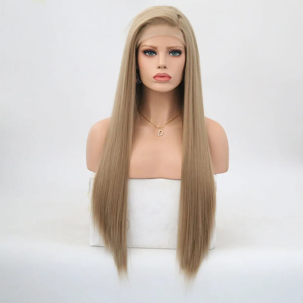 Pelucas delanteras de encaje sintético de pelo sedoso largo de densidad 150% para mujer Pelucas delanteras de encaje sintético de pelo sedoso largo de densidad 150% para mujer