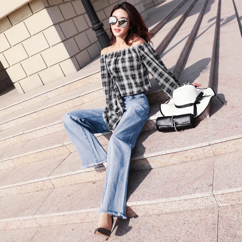 Pierna Femme De Mujer Jean Verano Pantalona Recta Alta Ancha Slim Señoras Blue Vaqueros Pantalones Primavera Cintura Baby 2018 I6wROxw