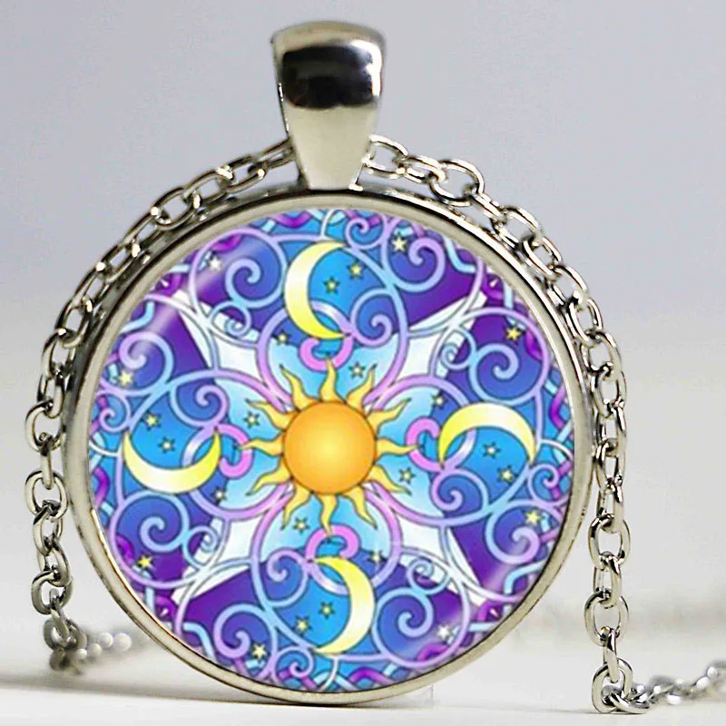 

Celestial Mandala Flower Necklace Moon Pendant Om Yoga Chakra Jewelry Sun Star Necklace Glass Cabochon Pendant