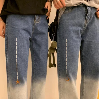 

2019 Summer New color contrast Denim trousers straight moon stars embroidery couple girlfriends jeans women plus size pants
