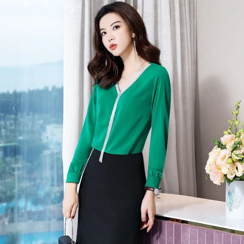 

Fashion 2019 New Korean Bright Chiffon V Neck Shirts Women Fashion Long Sleeve Blouse Office Lady Loose Plus Size Tops