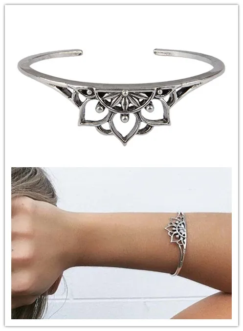 Vintage Hollow Out Petal Leaf Alloy Bracelet Bohemian Opening Adjustable For Women