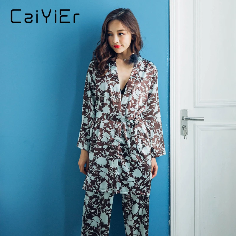 Caiyier Women Pajamas Sets Spring Floral Print Japanese Kimono Style V