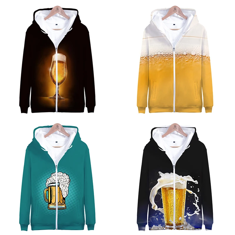 

3d печать забавная пивная Толстовка Модные мужские женские толстовки на молнии куртки повседневные с длинным рукавом на молнии 3D Спортивная толстовка с капюшоном Top