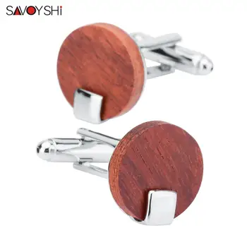 

SAVOYSHI Newest Wooden Shirt Cufflinks for Mens High Quality Round Red Wood Cuff links Business Gift Free carving name
