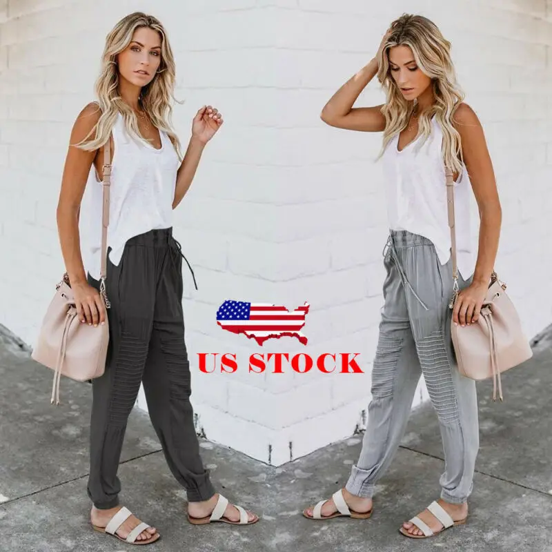 US CN Stock Women's Solid Jogger Pants Casual Cotton Harem High Waist Drawstring Trousers Sweatpants | Женская одежда