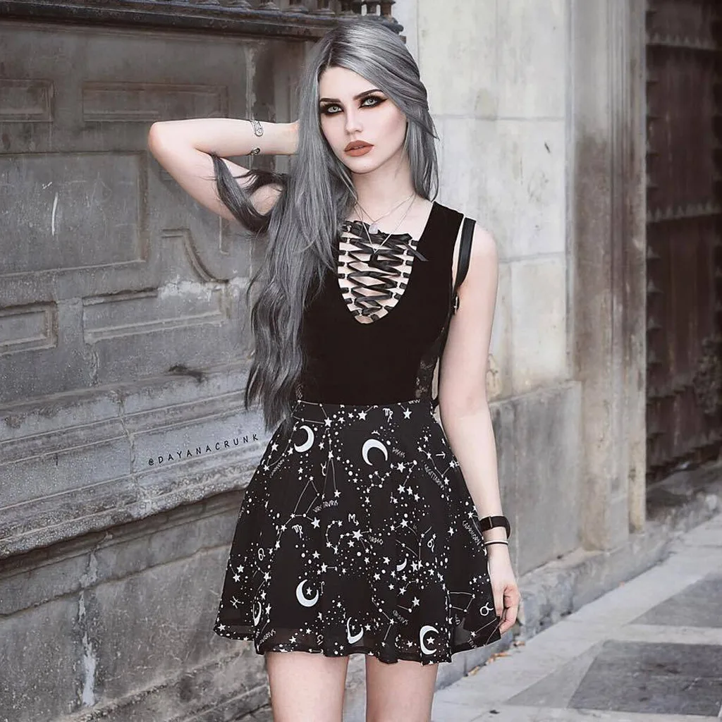 Sexy Long skirt Fashion Women Summer Women Party Gothic Punk Black Starry Sky Moon Print A-Line Short Mini Skirt Y612