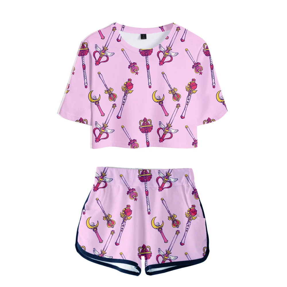 

3D Sailor Moon Dew navel t shirt Sets Anime Women Two Piece Set Short Pants Summer Breathable Kawaii Sailor Moon Print Clothes