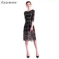 CEEWHY Black Short Evening Dresses Beaded Little Mermaid Dress Elegant Half Sleeve Evening Party Dress Abiye Gece Elbisesi